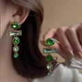 Green gradient geometric Chinese style alloy earrings with zircon studs and tassel pendant