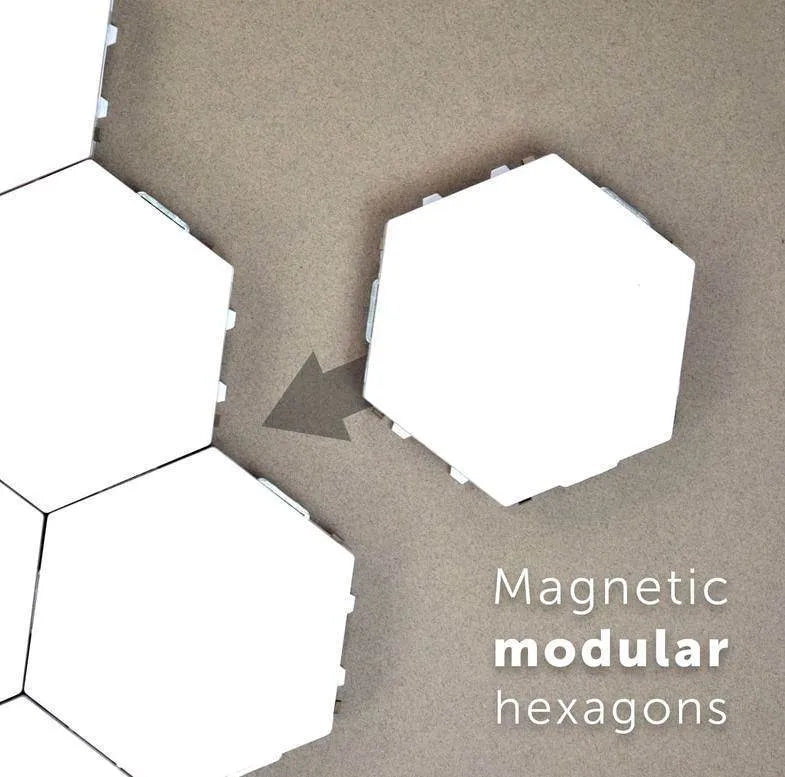 Modular hexagonal honeycomb wall lamps assembled in a pattern, showing touch control and modern minimalist design.