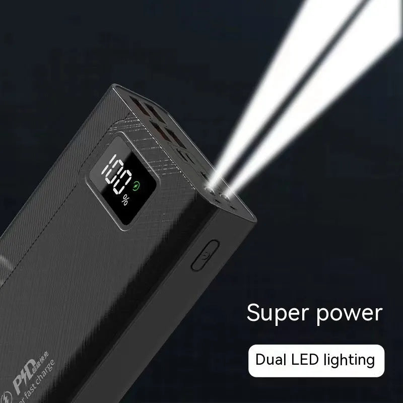Large capacity power bank in black or white with plastic shell showing charging ports