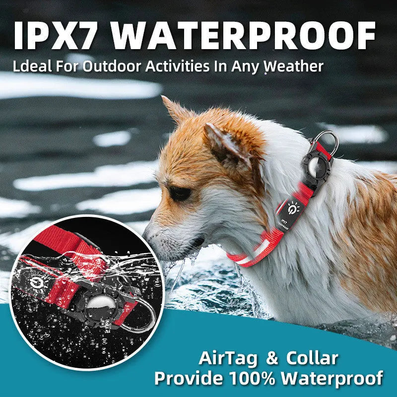 Waterproof nylon pet collar with LED beads in blue, suitable for locator attachment, plain pattern, adjustable size
