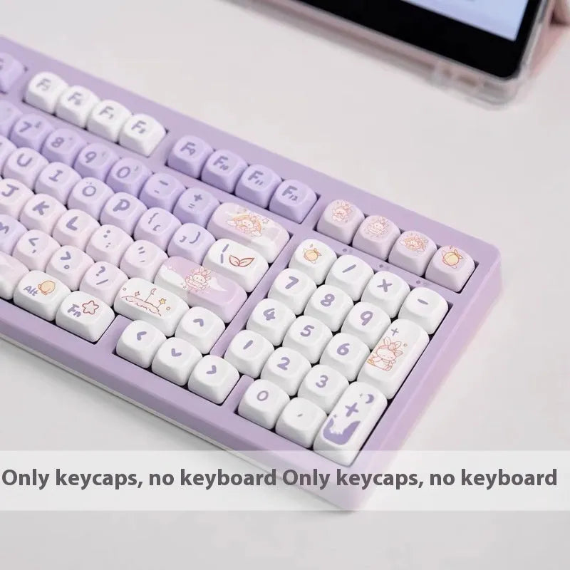 Set of purple gradient keycaps with rabbit design for mechanical keyboards.