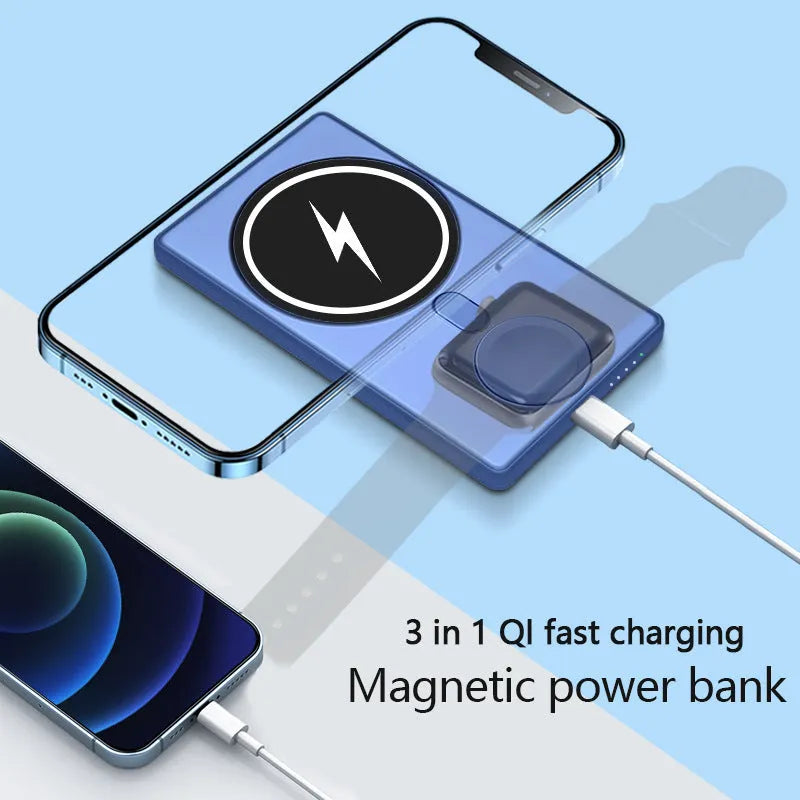 Black three-in-one magnetic wireless charging power bank with 5000mAh capacity showing wireless charging surface and output ports
