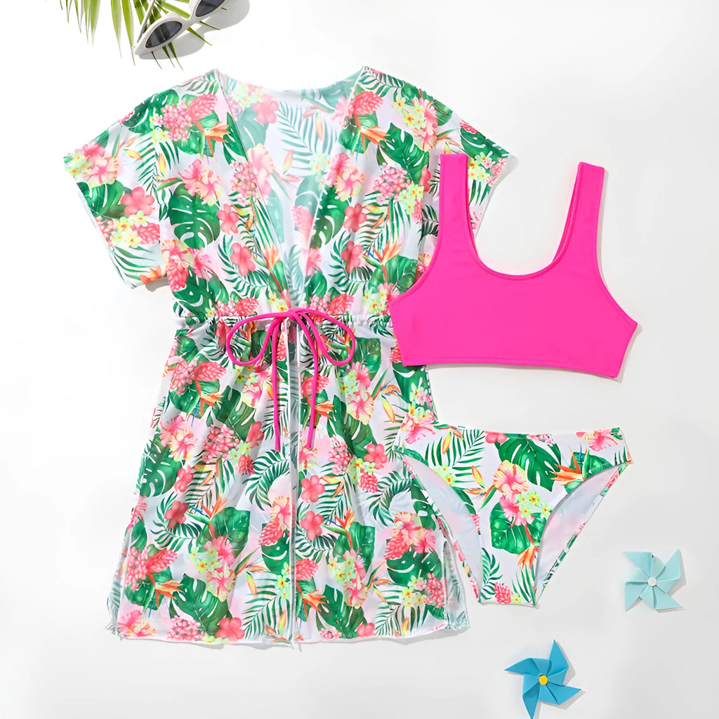 Girls' two-piece floral swimsuit in Korean style with high elasticity polyester fabric