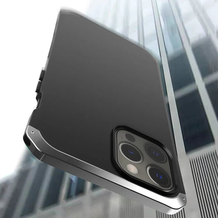 Metal screw hard shell phone case in black with red piping option for iPhone