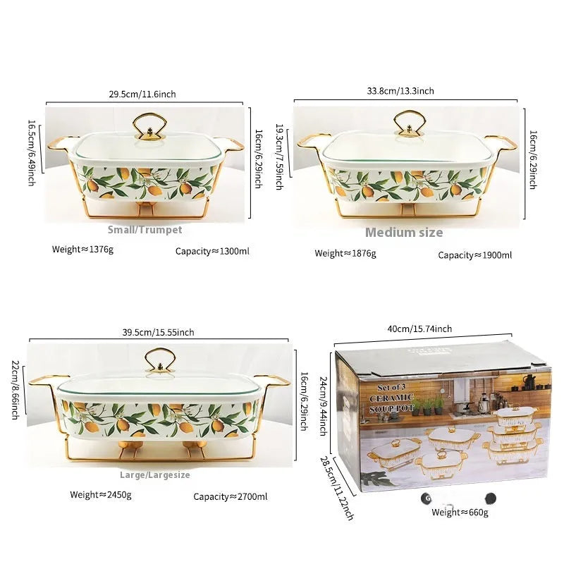Ceramic soup pot binaural hot pot, porcelain, rectangular, electroplated finish, lemon pattern, in gift box with three pieces
