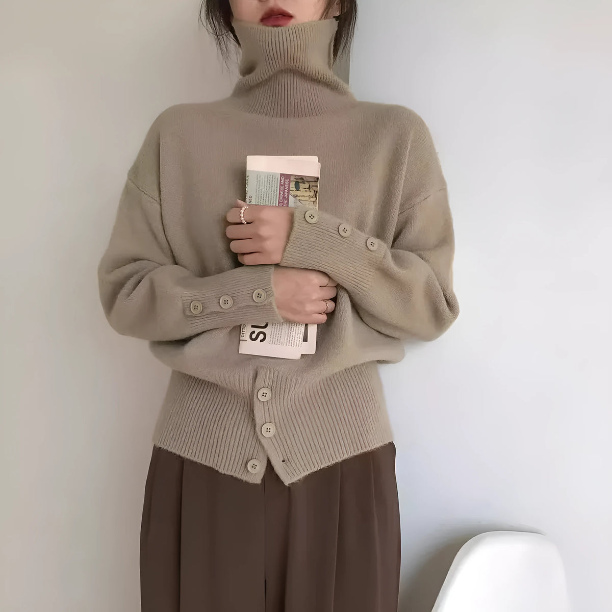 High waist button front knit sweater pullover in free size, available in seven colours including white, khaki, brown, green, gray, black and purple.