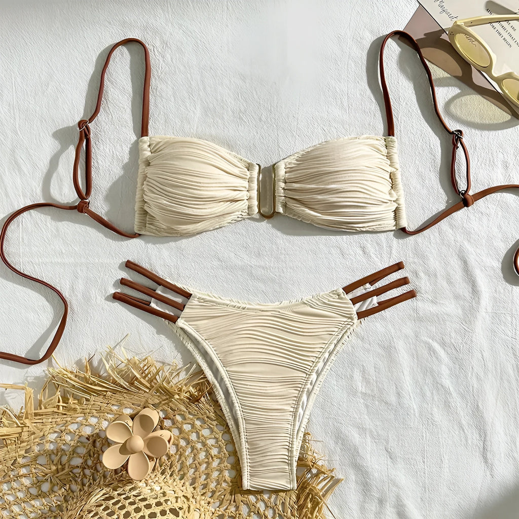 Women's khaki striped polyester three-point bikini set on a beach background sizes XS to L