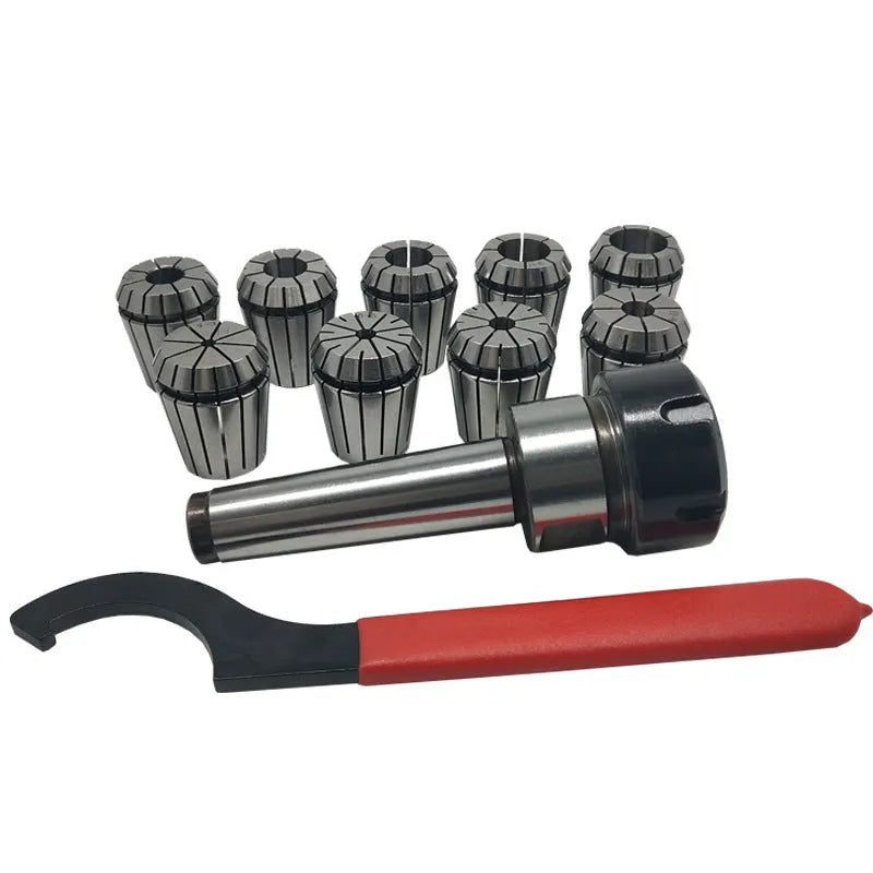 ER32 collet set with 19 collets, Morse taper arbor, and wrench on workbench