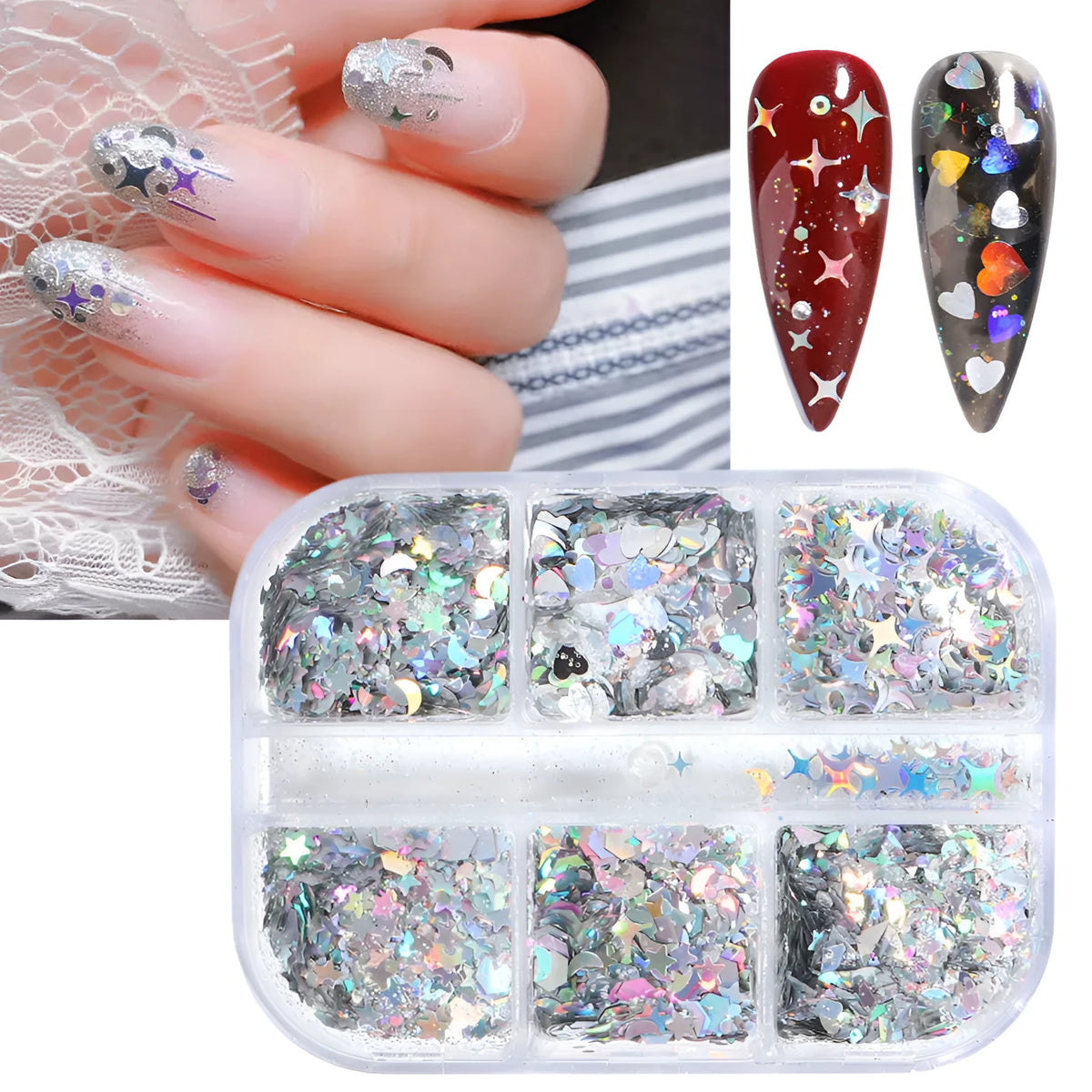 Gold and silver laser irregular nail glitter sequins in a six-grid box with 8g net content for nail art