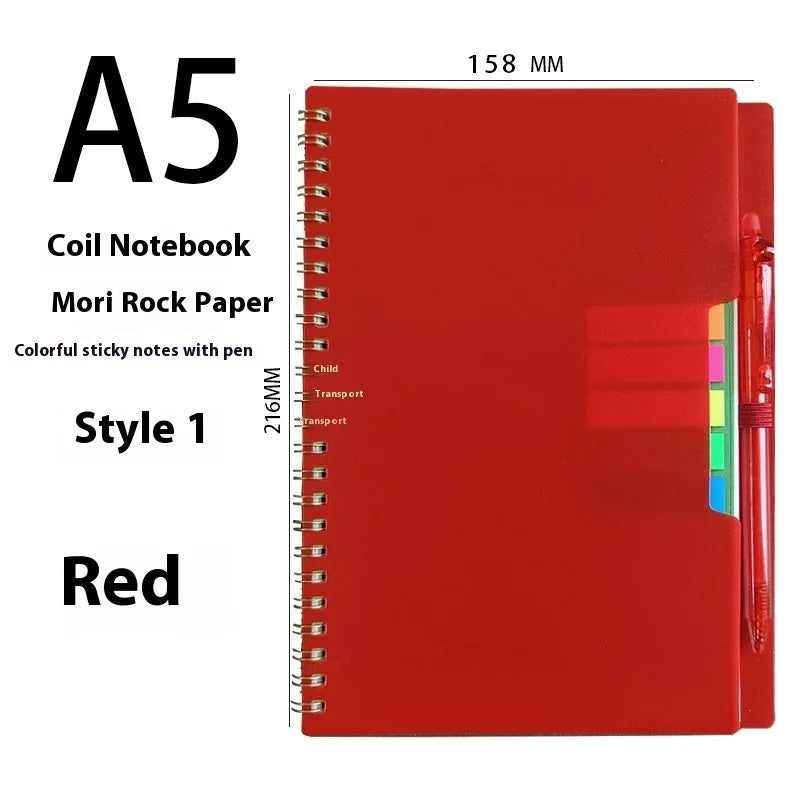 Erasable coil notebook with customisable cover options, featuring waterproof rock paper and included pen