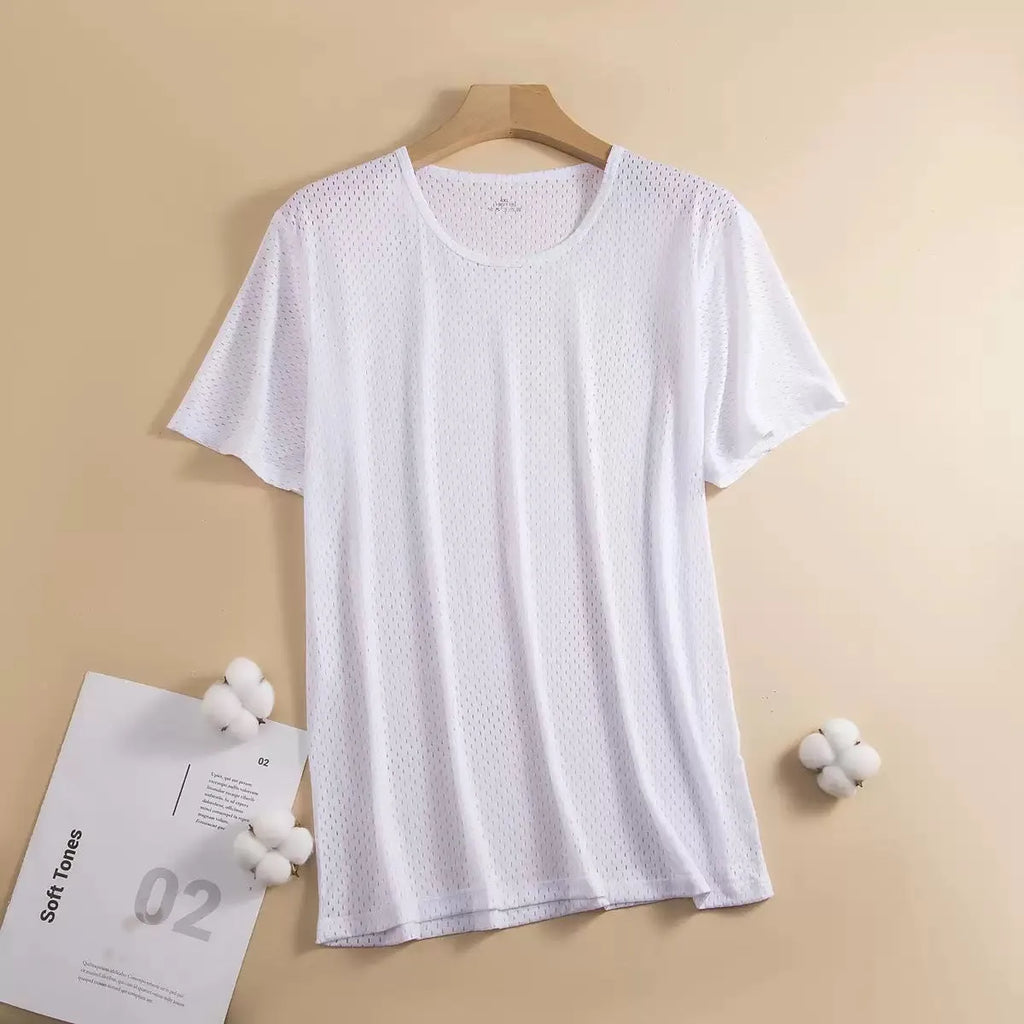 Men's ice silk short sleeve t-shirt in loose fit crew neck design showing ultra-thin mesh fabric texture