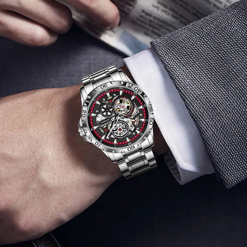 Men's automatic skeleton watch with luminous markers and stainless steel strap