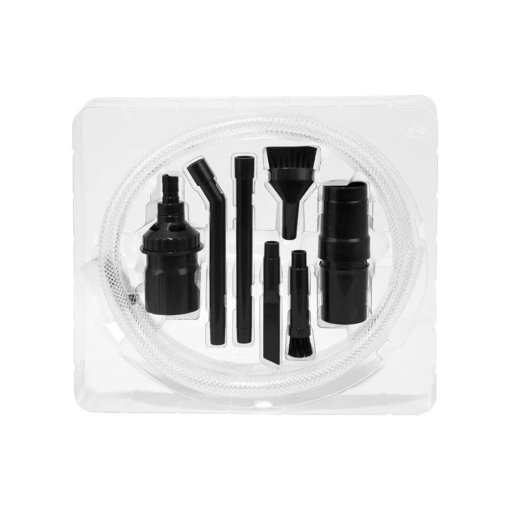 Eight-piece vacuum cleaner accessory set with multiple nozzle heads for small space cleaning.