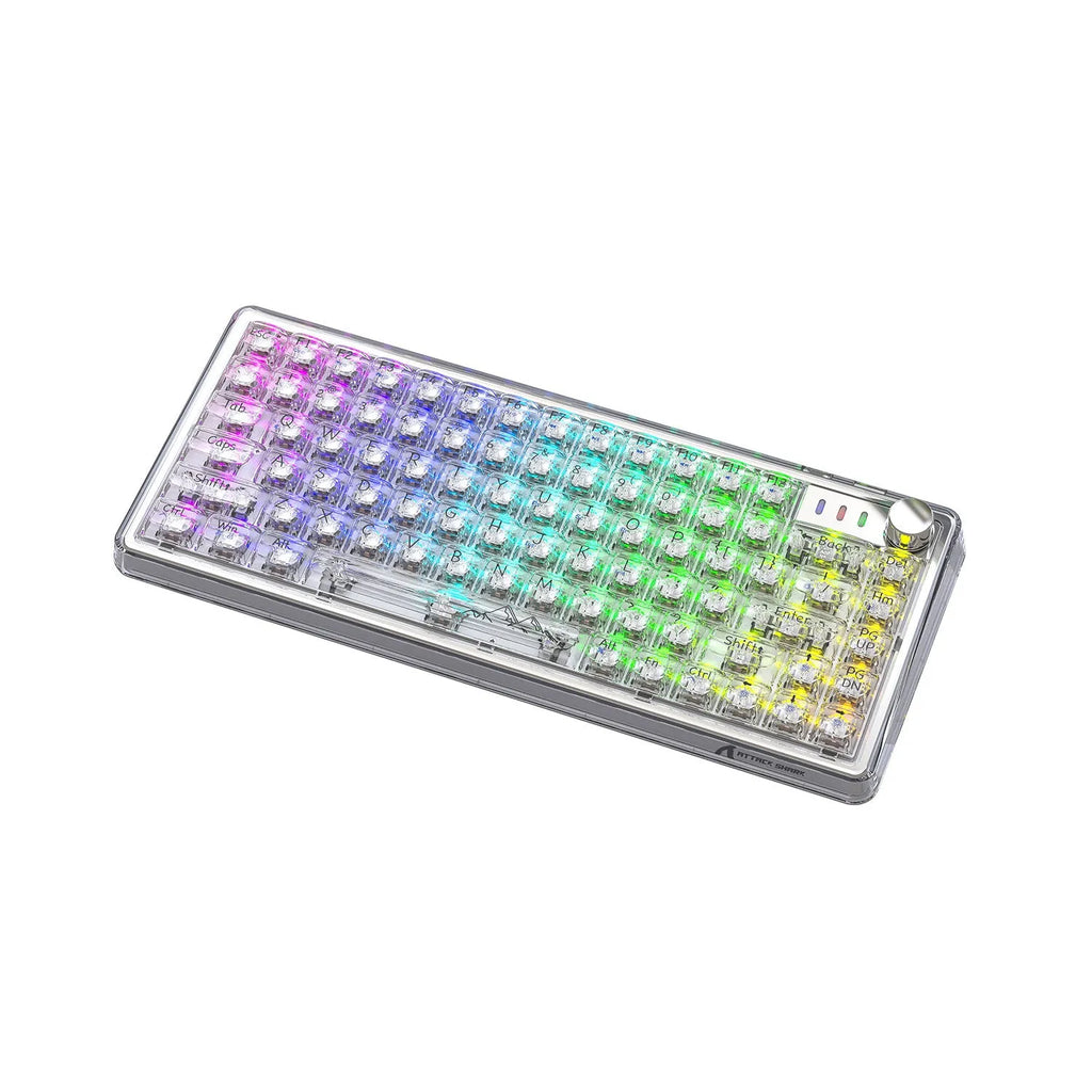 Attack Shark K75RGB white transparent wireless mechanical keyboard with RGB lighting on a desk