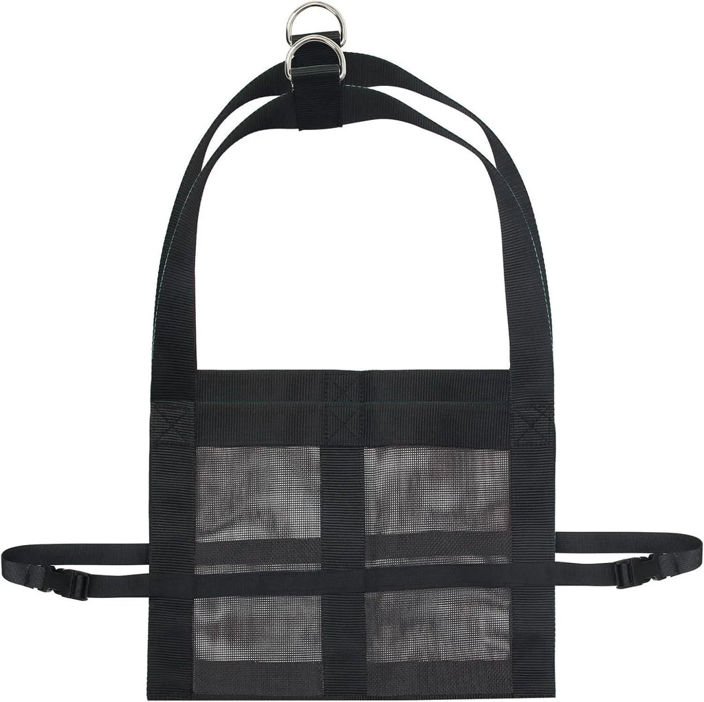 Black polyester calf weighing sling measuring 35cm by 150cm with reinforced handling points