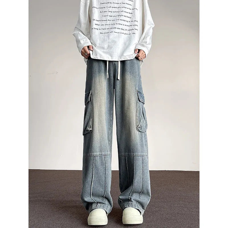 Washed vintage denim men's casual wide-leg pants with drawstring waist and multiple pockets, blue colour, front view