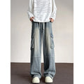 Washed vintage denim men's casual wide-leg pants with drawstring waist and multiple pockets, blue colour, front view