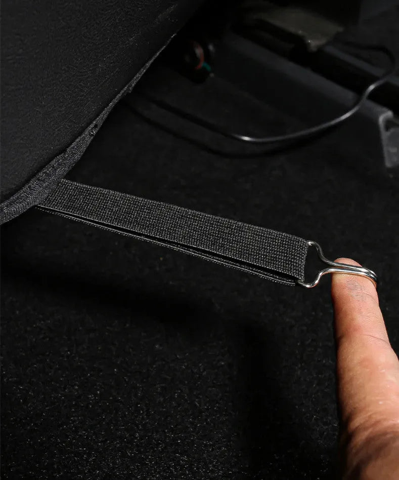 Black leather motorcycle seat anti-kick pad measuring 68cm by 42cm for full coverage protection
