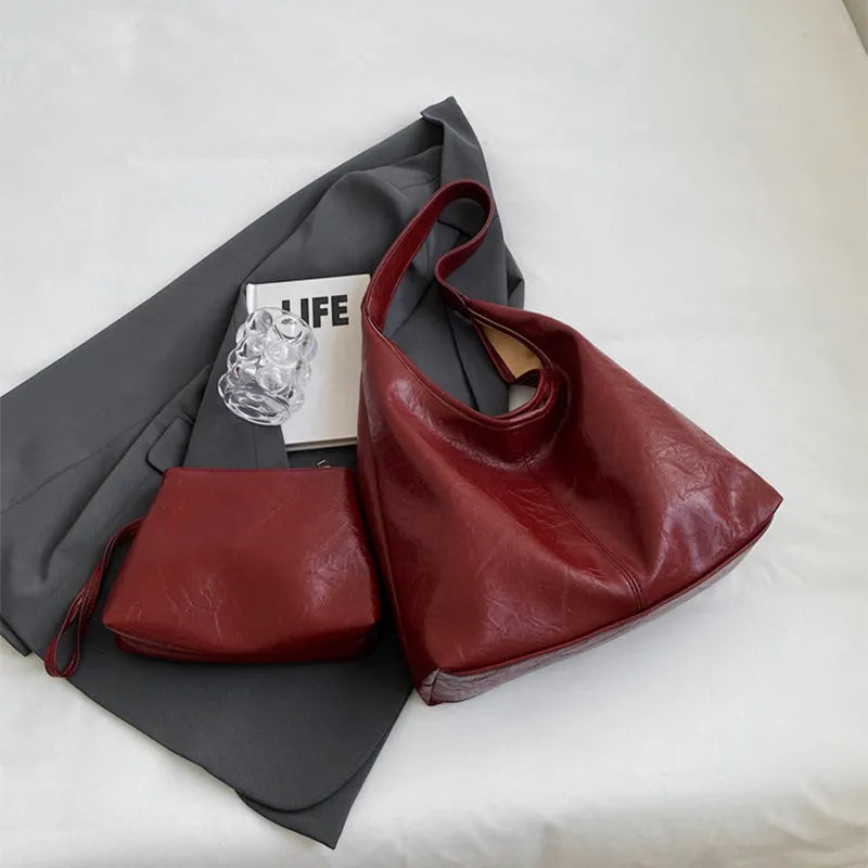 Two-piece composite bag set: large hobo shoulder bag and clutch in PU, available in five colours including black and dark brown