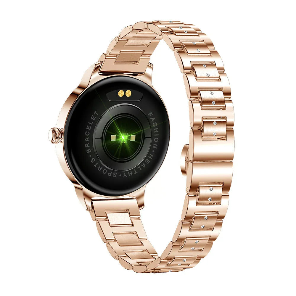 AK38 ladies smart watch with stainless steel Milanese mesh band and colour screen displaying time.
