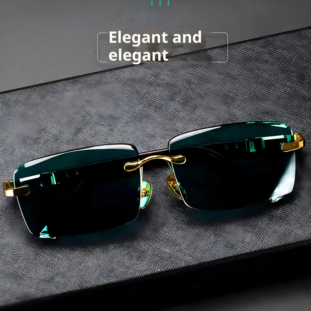 Green frameless reading glasses with dark tinted lenses on protective case