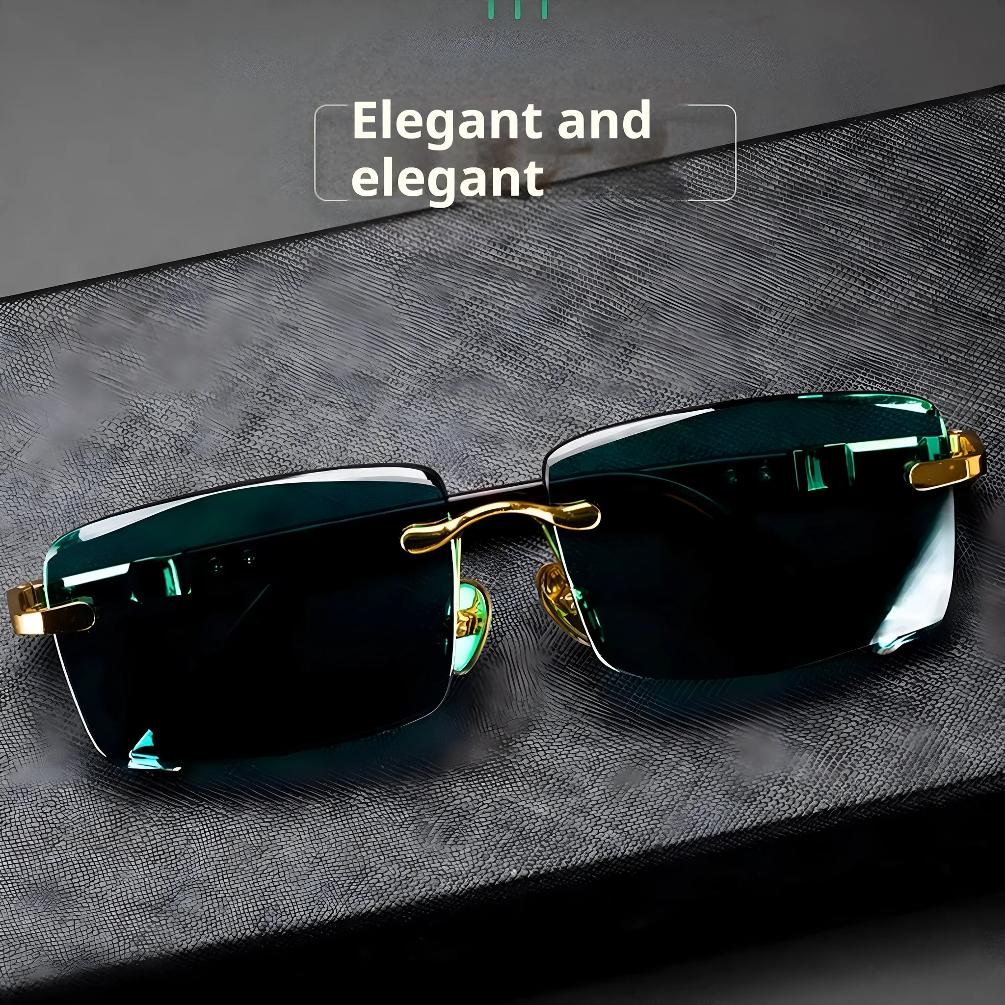Green frameless reading glasses with dark tinted lenses on protective case