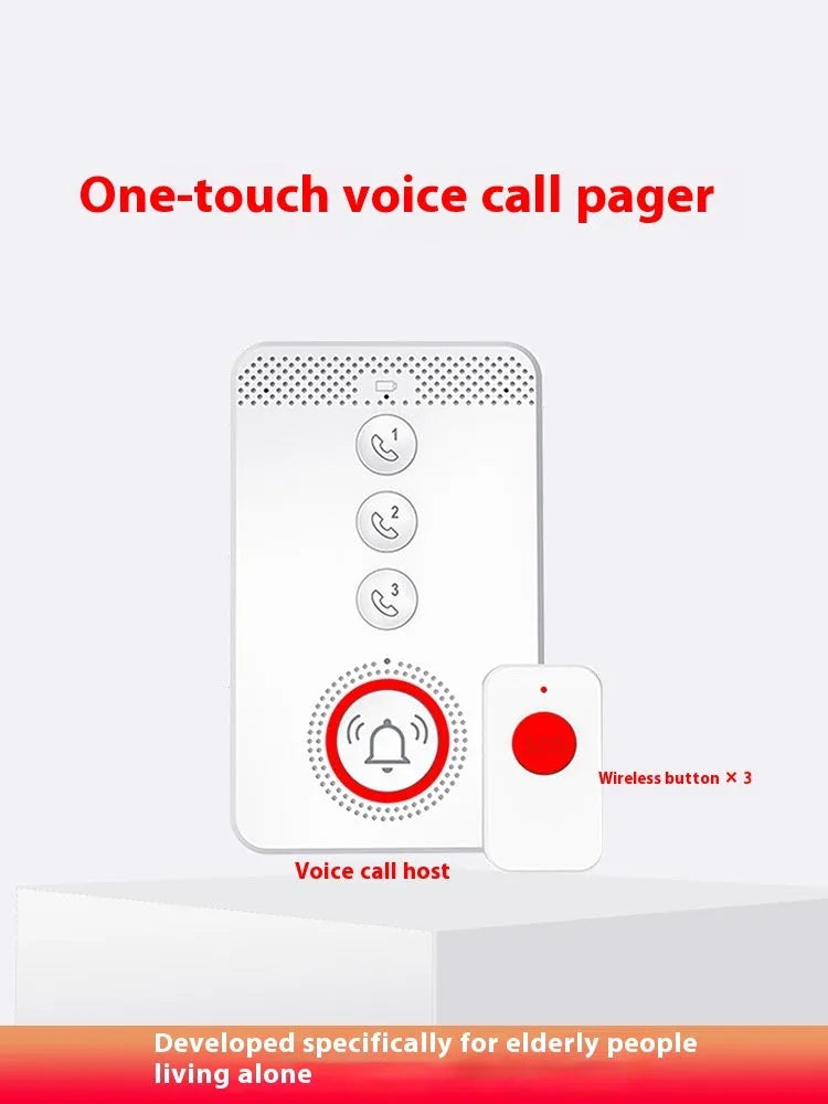 White central buzzer unit and three wireless emergency call buttons for elderly personal alarm system.