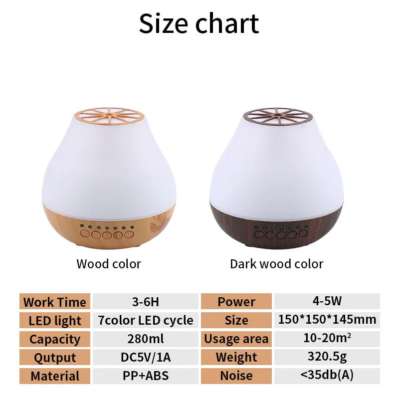 Wood grain finish USB aroma diffuser on a table next to a bottle of essential oil.