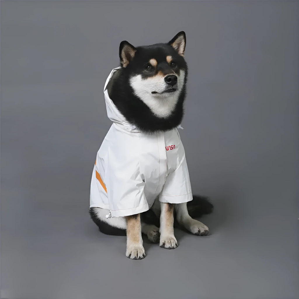 Tide windproof rainproof reflective space suit pet raincoat in white on a dog