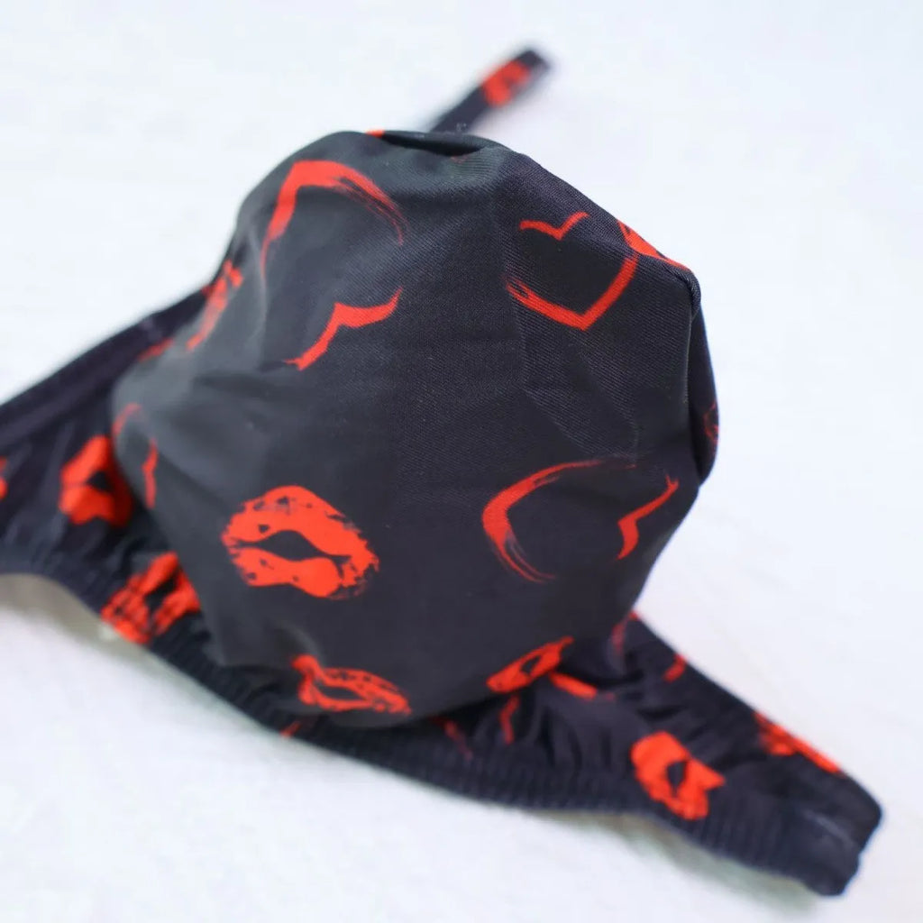 Men's low waist T-back shorts with couple theme cartoon pattern in black colour