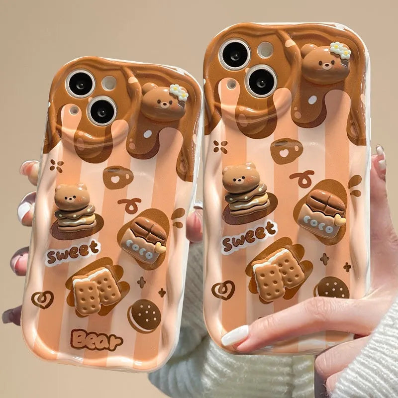 White silicone phone case with chocolate bear doll lanyard for iPhone 15 Pro