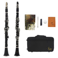 Black clarinet with 17 Bakelite keys and nickel plating alongside protective carrying bag