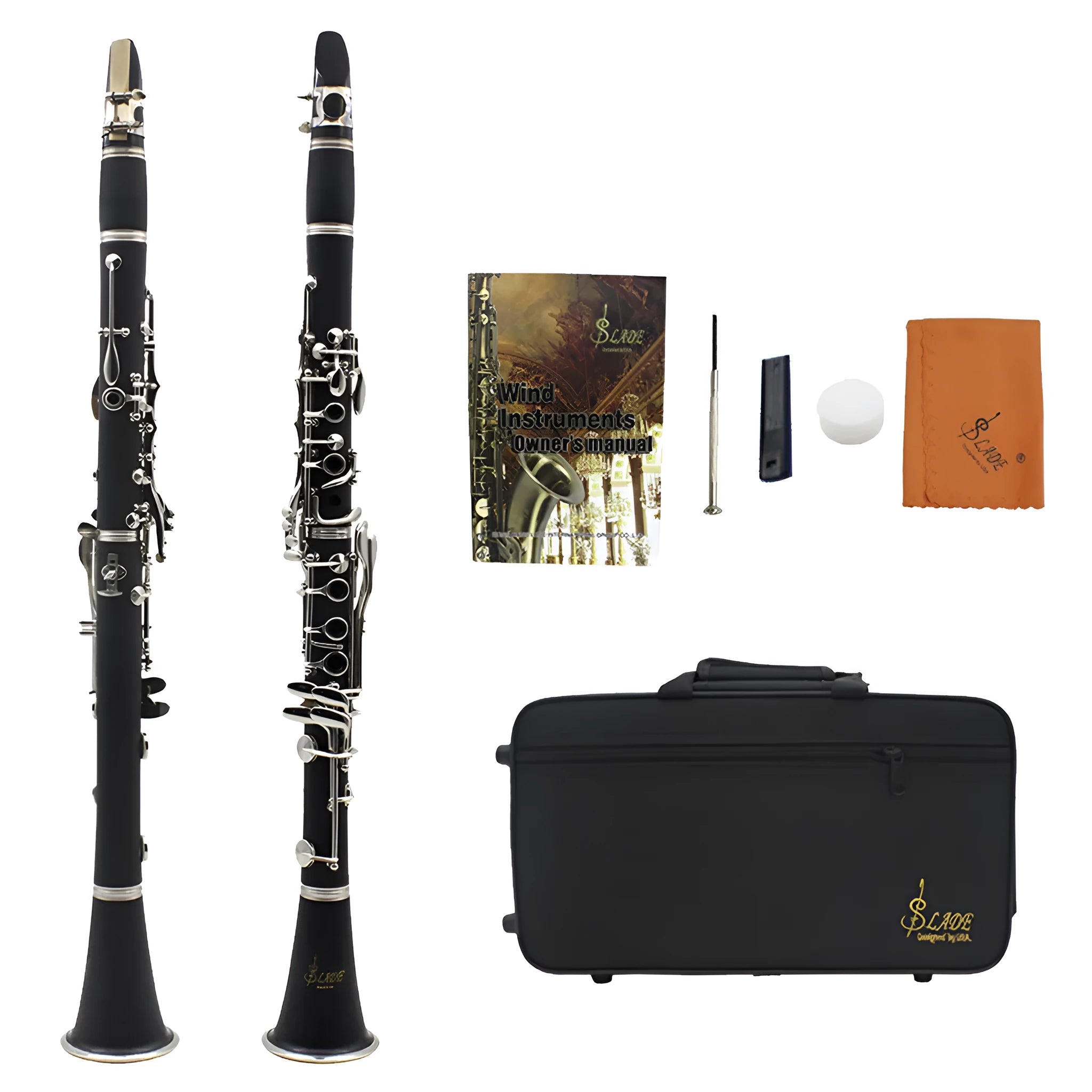 Black clarinet with 17 Bakelite keys and nickel plating alongside protective carrying bag