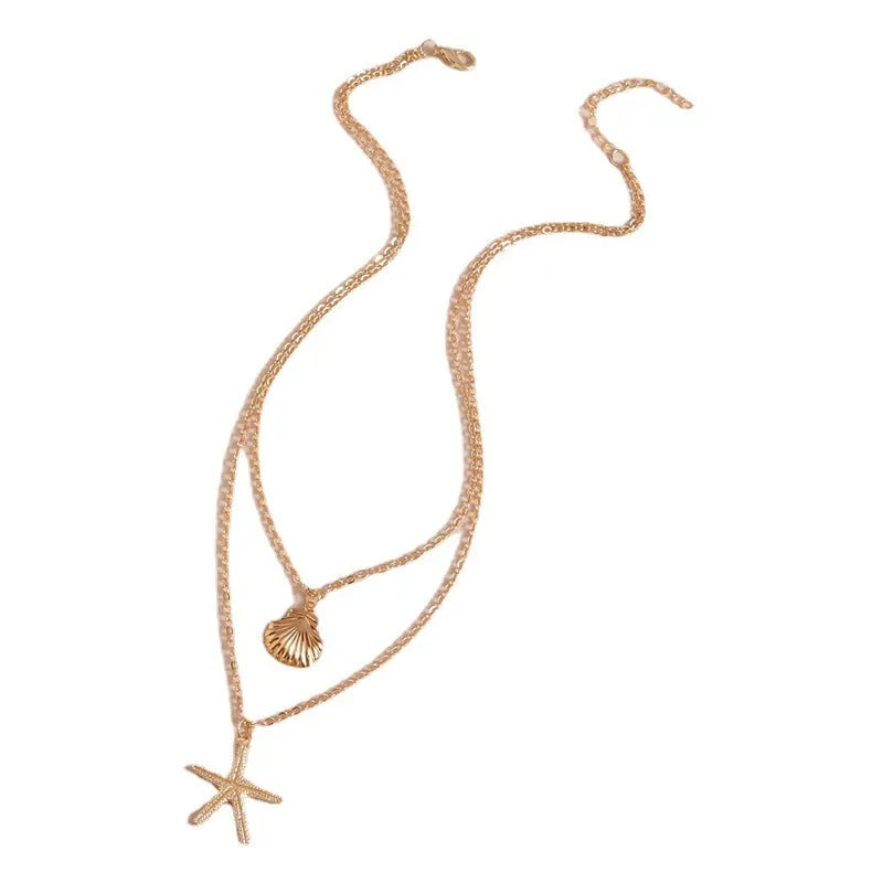 Double-layer gold necklace with shell pendant on alloy chain, fashion OL style for women