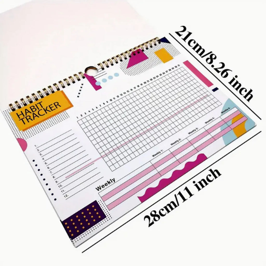 English habit tracking book with 12 pages measuring 21cm by 28cm in multiple colour options
