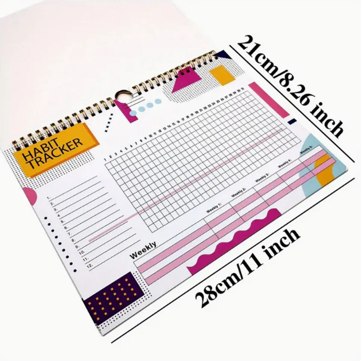 English habit tracking book with 12 pages measuring 21cm by 28cm in multiple colour options