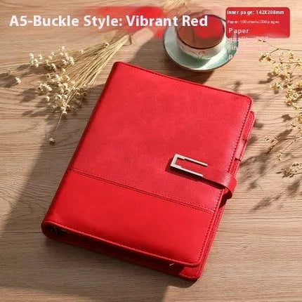 A5 soft PU leather notebook in brown, black, green, blue, or red, showing wood-free paper inside.