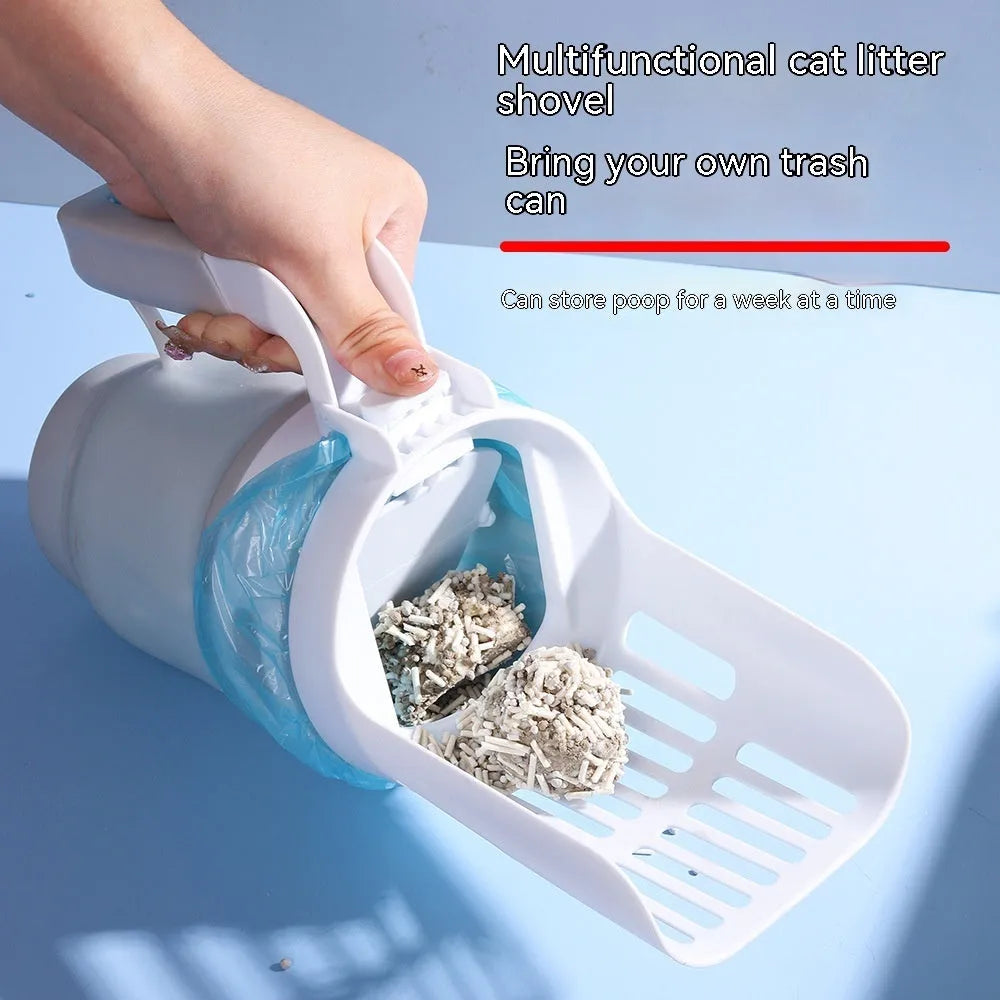 Grey cat litter scoop with attached waste bin and foldable bottom, shown with refill bags.