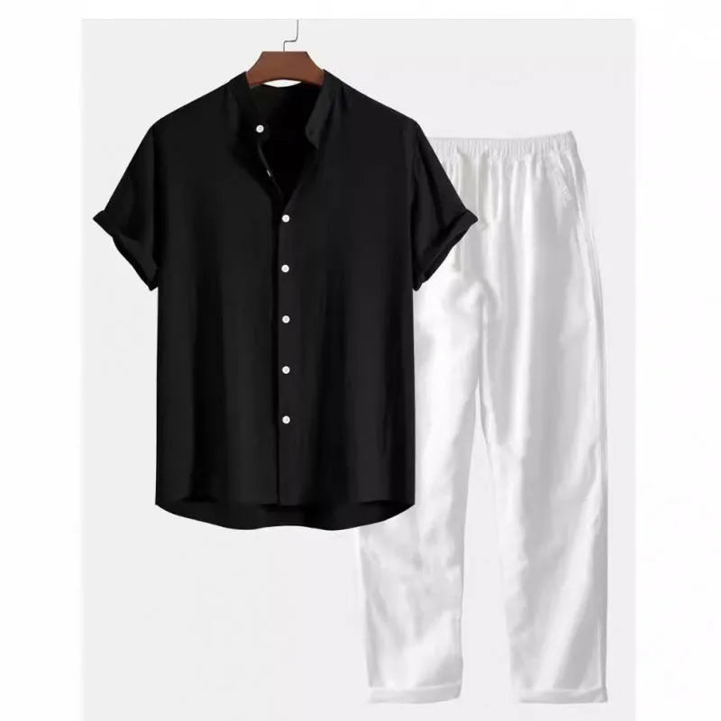 Men's casual loose-fit short sleeve shirt and trousers suit set in a linen-look fabric