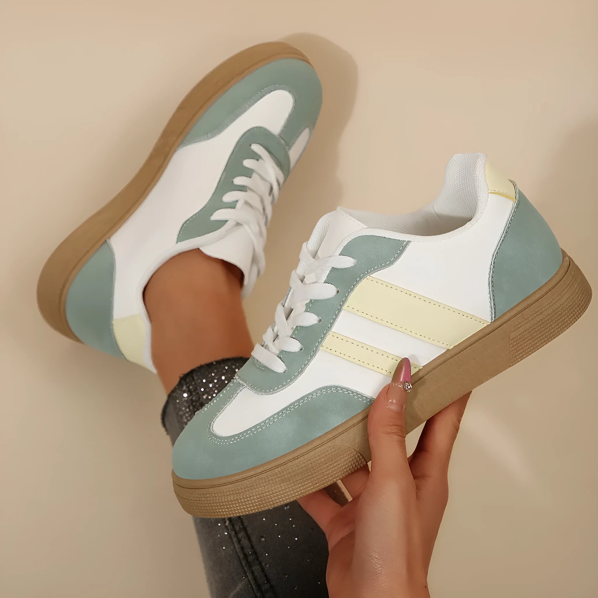 Green women's retro casual pumps with cross straps, low heel, and round toe.