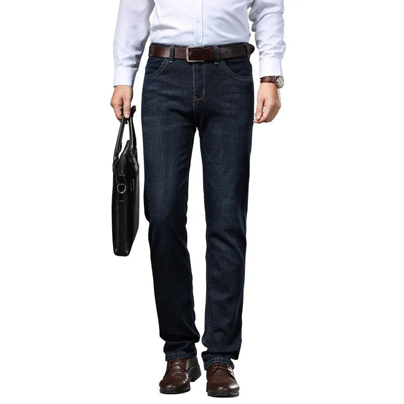High-stretch denim trousers in straight-leg business casual style with zip placket
