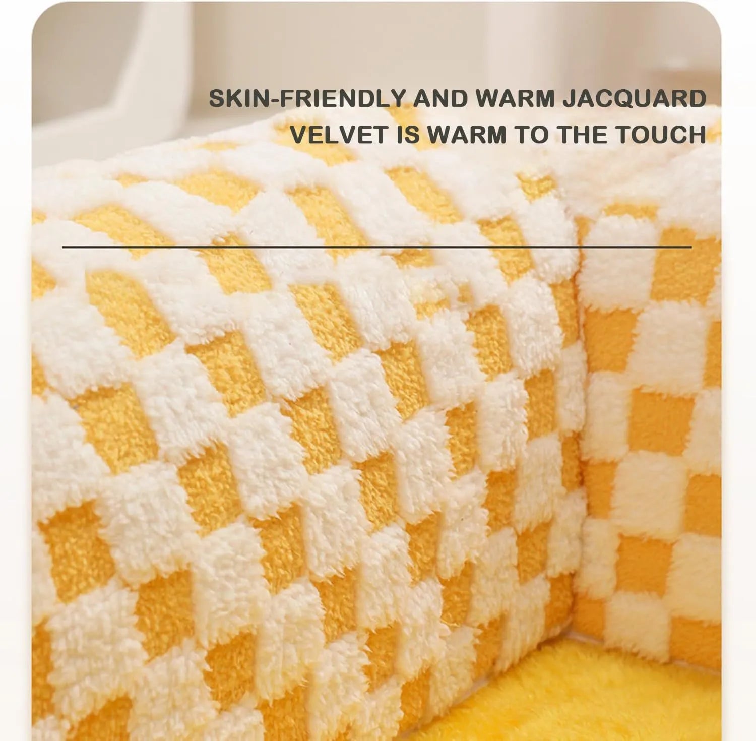 Coffee coloured plush dog and cat bed with integrated tunnel, shown in a fan-shaped plaid design