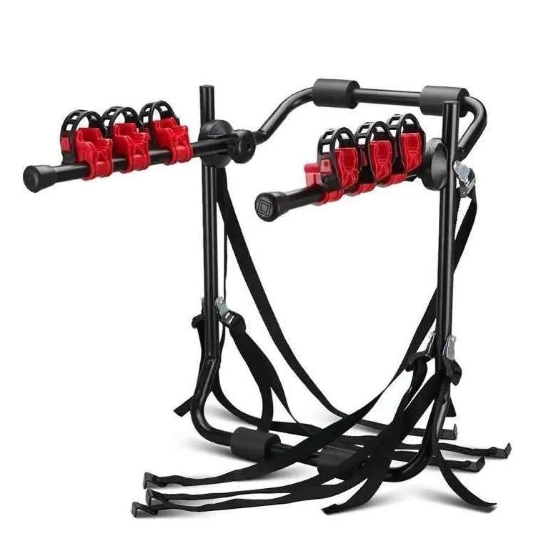 Black and red car trunk-mounted bicycle holder rack with iron construction measuring 73cm by 50cm
