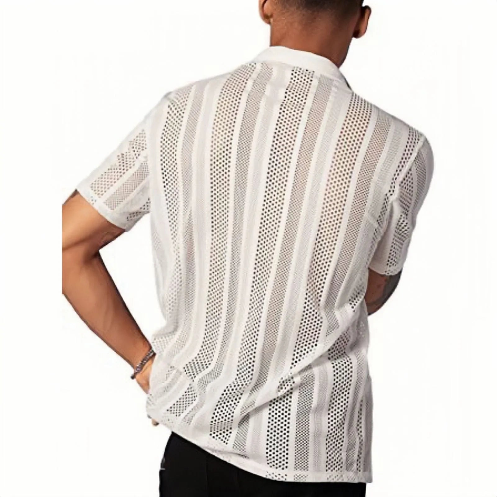 Men's black knitted short-sleeved button cardigan shirt with jacquard texture