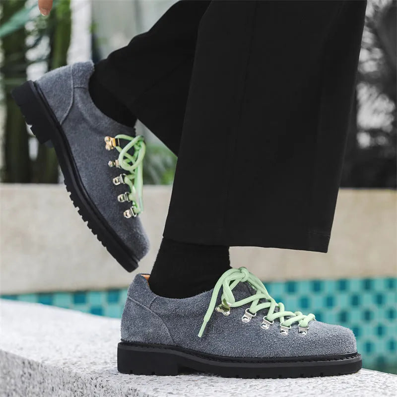Men's heighten casual shoes British style retro workwear cowhide leather round toe solid colour