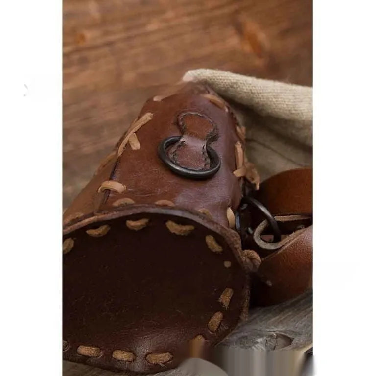 Brown hand-knitted leather medieval quiver bag with lace-up strap