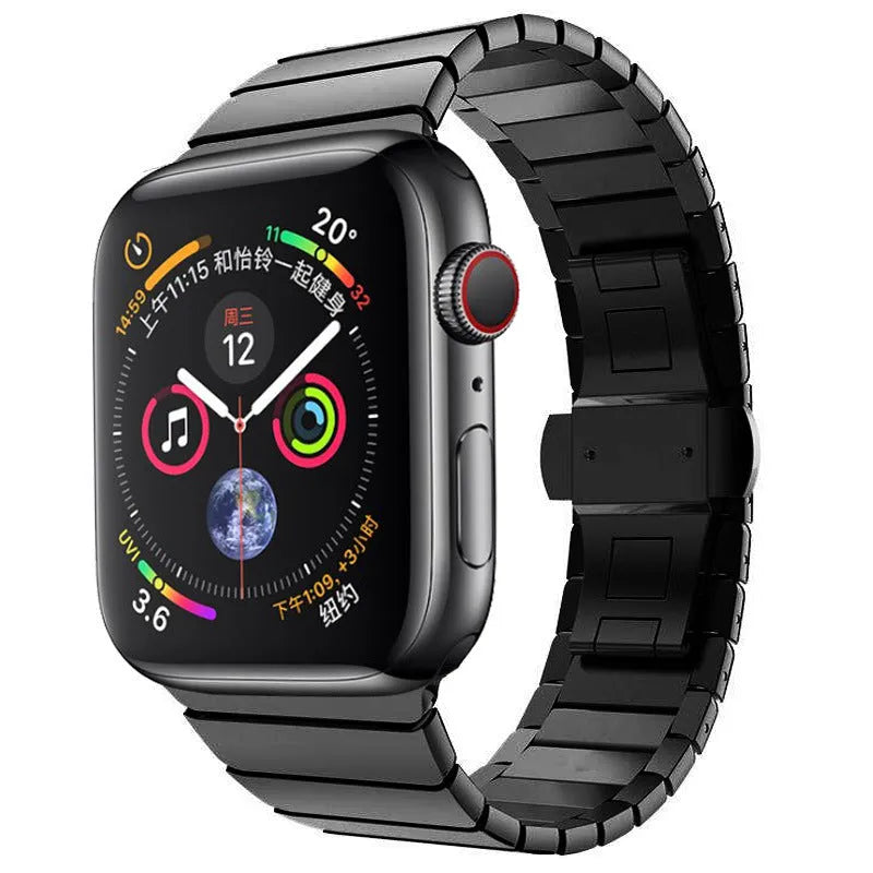 Silver metal Apple Watch strap with butterfly buckle on a 40mm watch case.