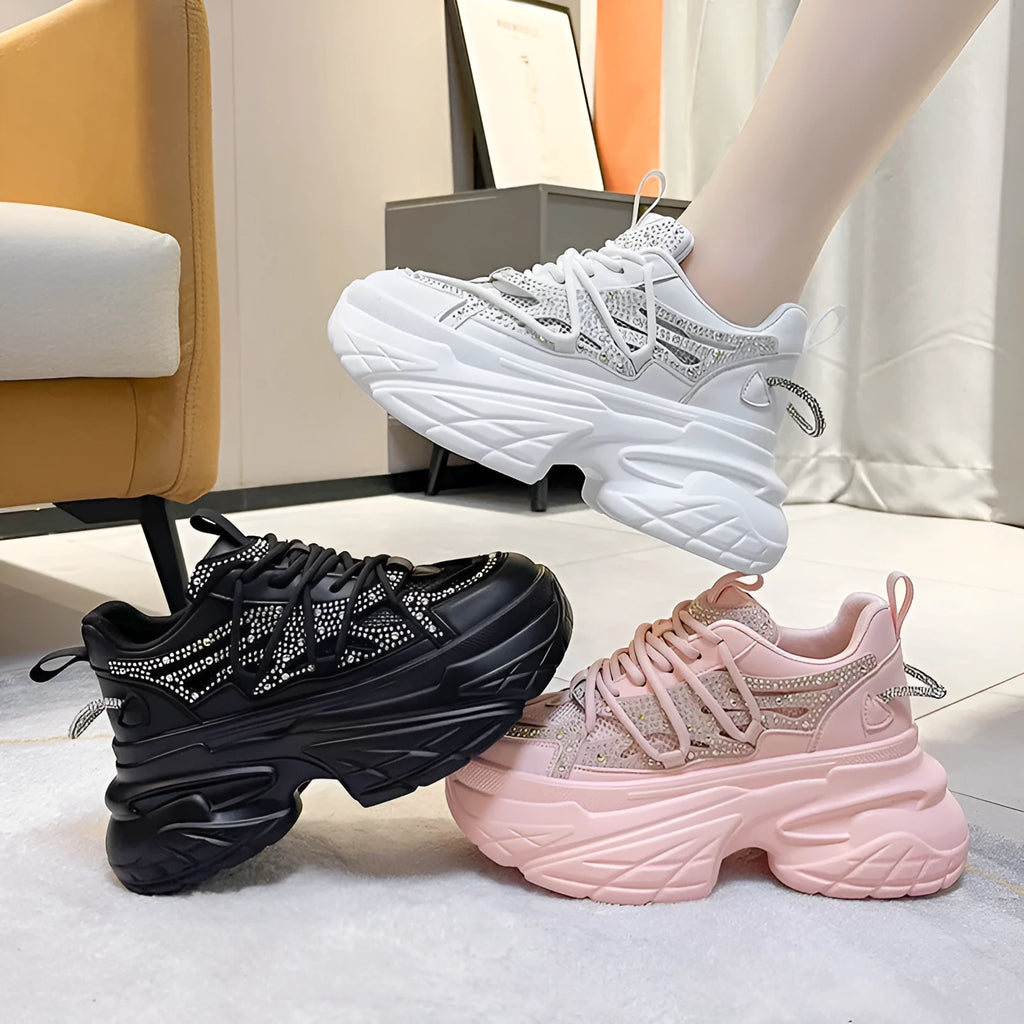 Women's mesh breathable platform sneakers in black, low-top lace-up design with mid heel