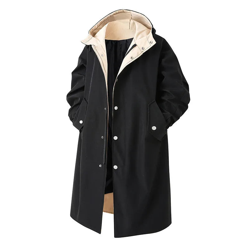 Men's hooded mid-length trench coat in black, dark grey or khaki, polyester, 65cm length, sizes M to 3XL