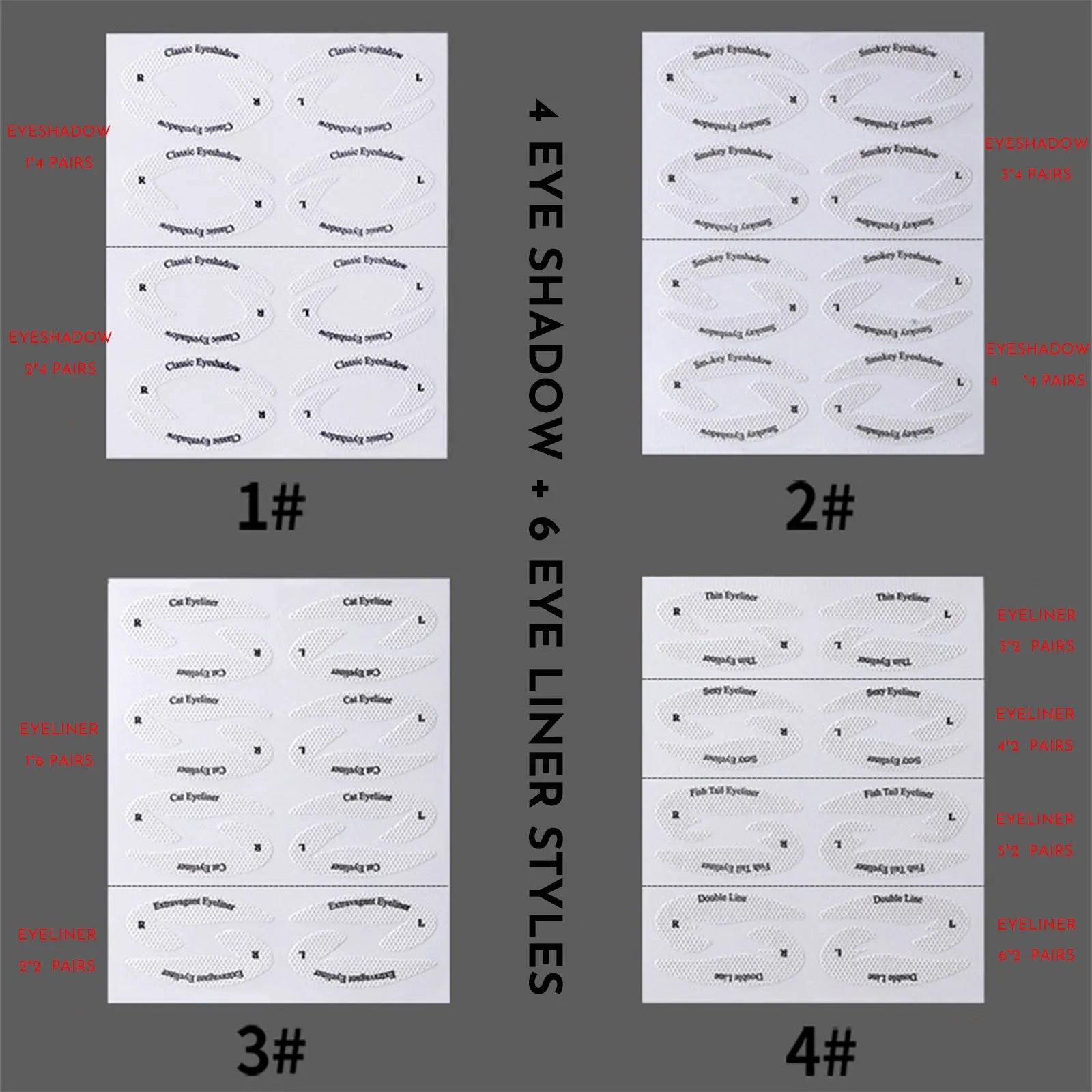 Set of four reusable flexible eyeliner stencil stickers for winged eyeliner and eyeshadow application